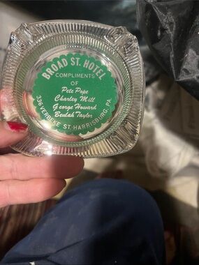 Vintage Broad St. Hotel Promotional Glass Ashtray - Green Logo
